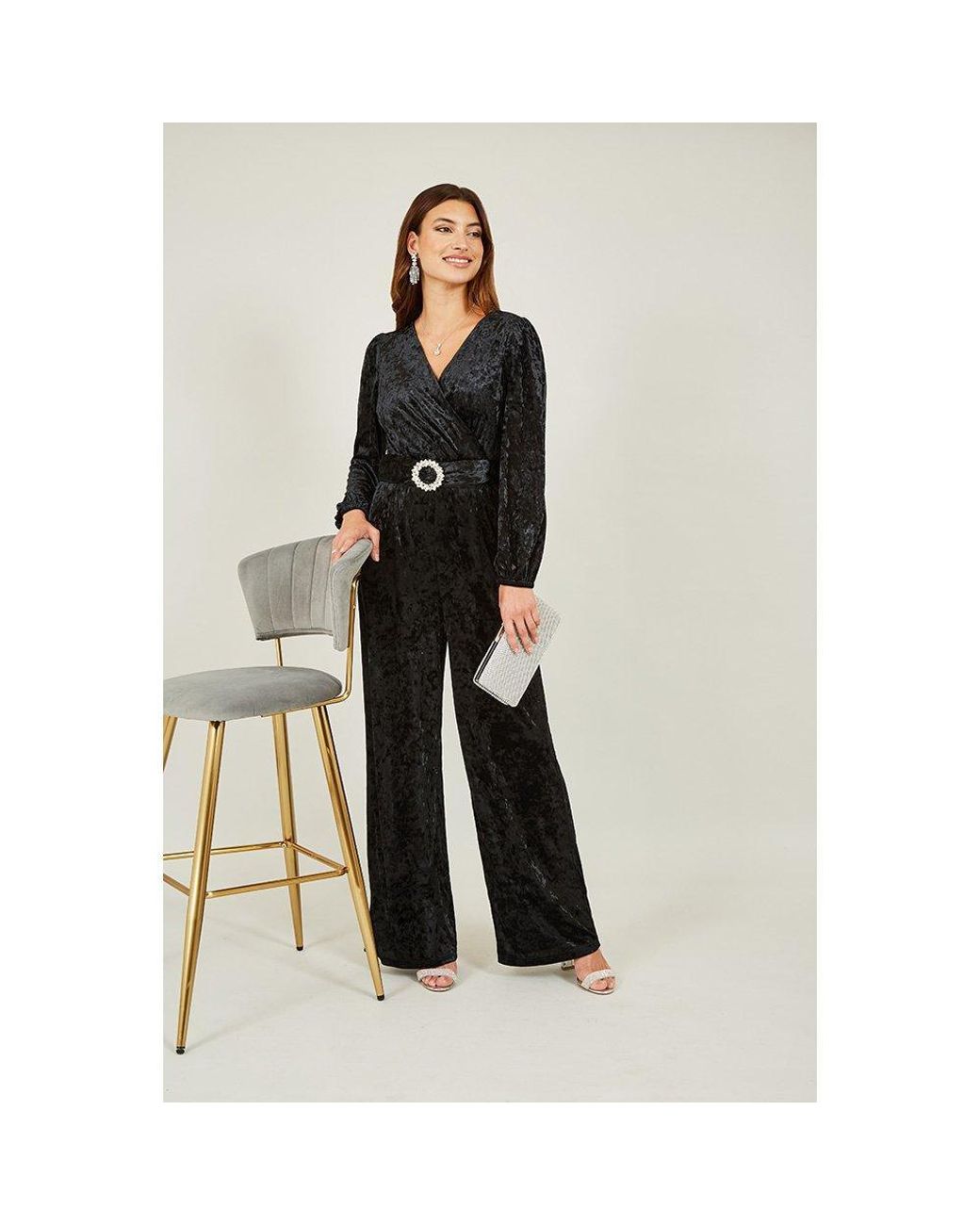 Yumi' Black Velvet Jumpsuit With Diamanté Belt