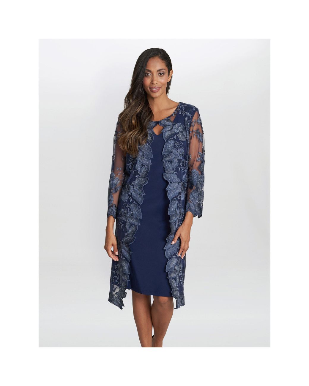 Gina Bacconi Blue Savoy Embroidered Lace Mock Jacket Dress