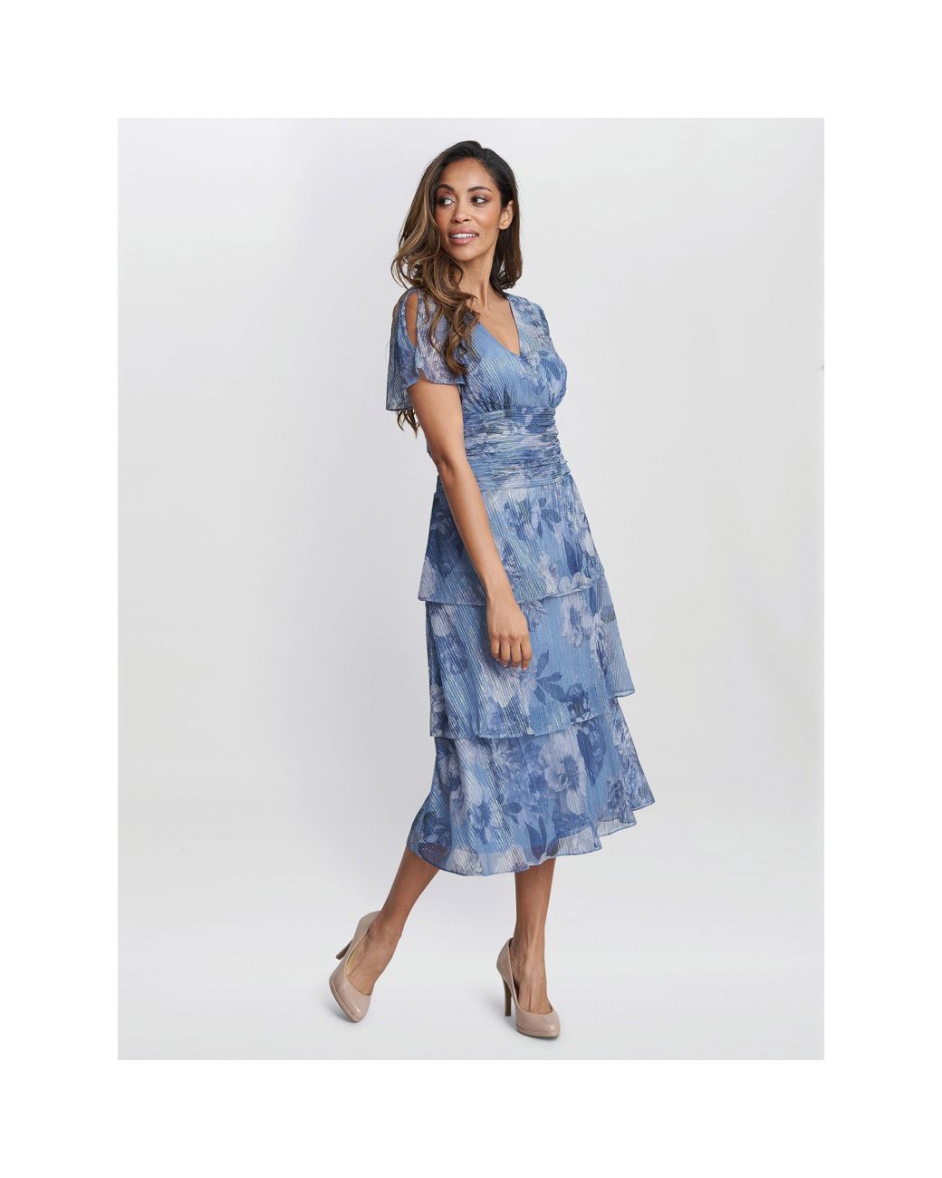 Gina Bacconi Blue Cherie Midi Printed Metallic Tier Dress