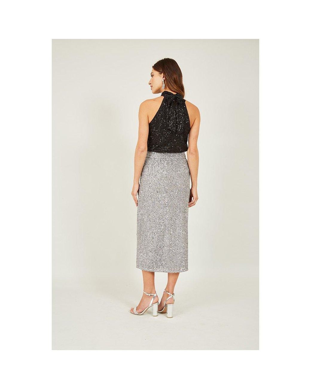 Yumi' Gray Sequin Fitted Midi Skirt