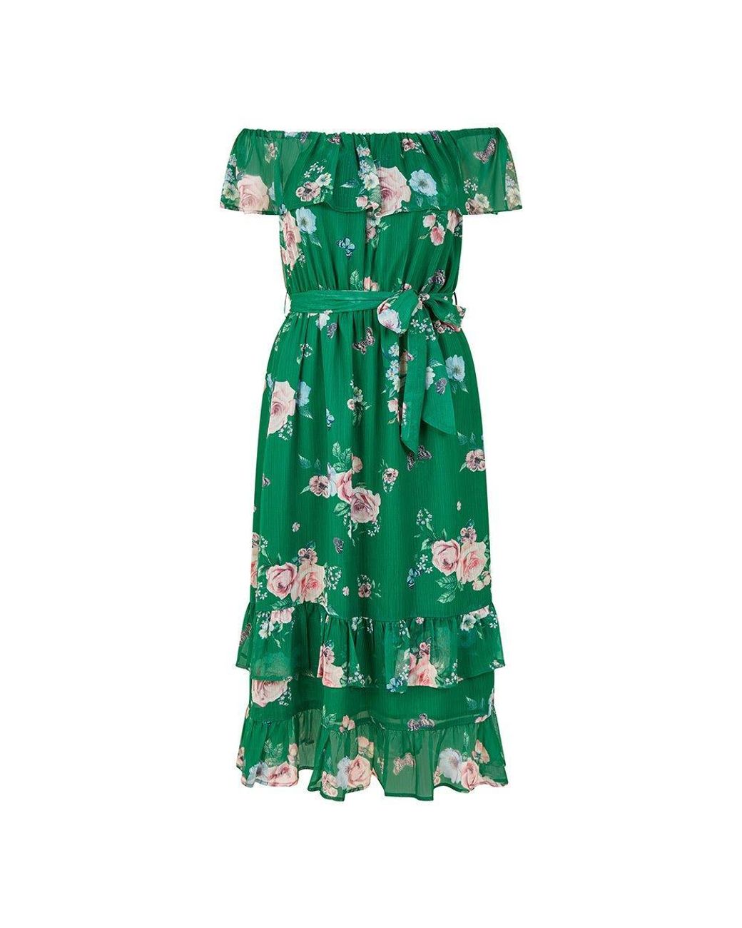 Yumi' Green Floral Bardot Midi Swing Dress