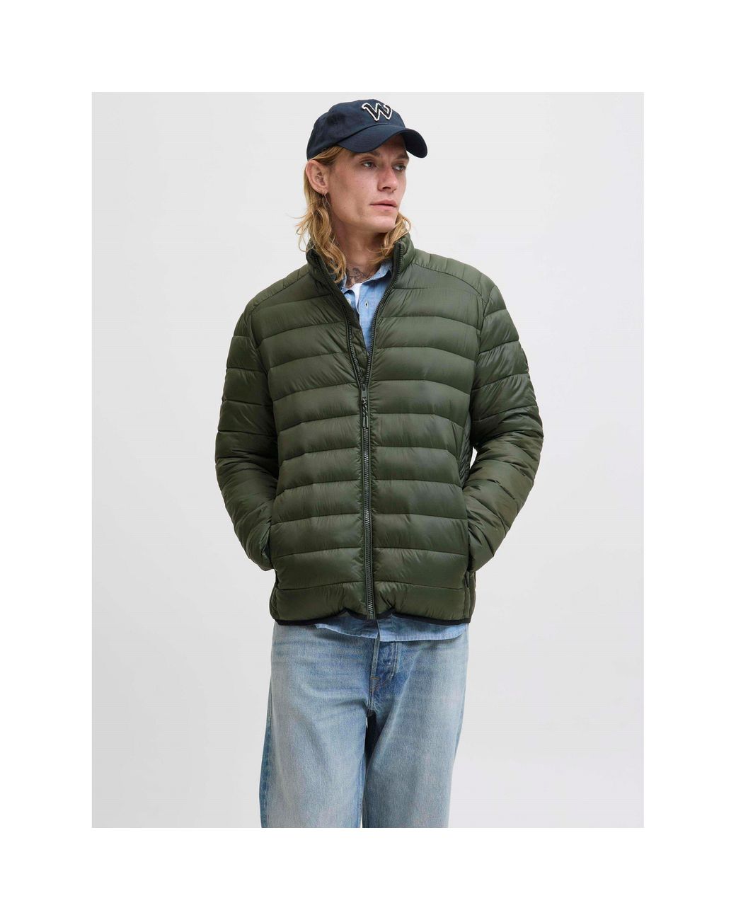 Jack & Jones Green Bradley Stand Collar Puffer for men