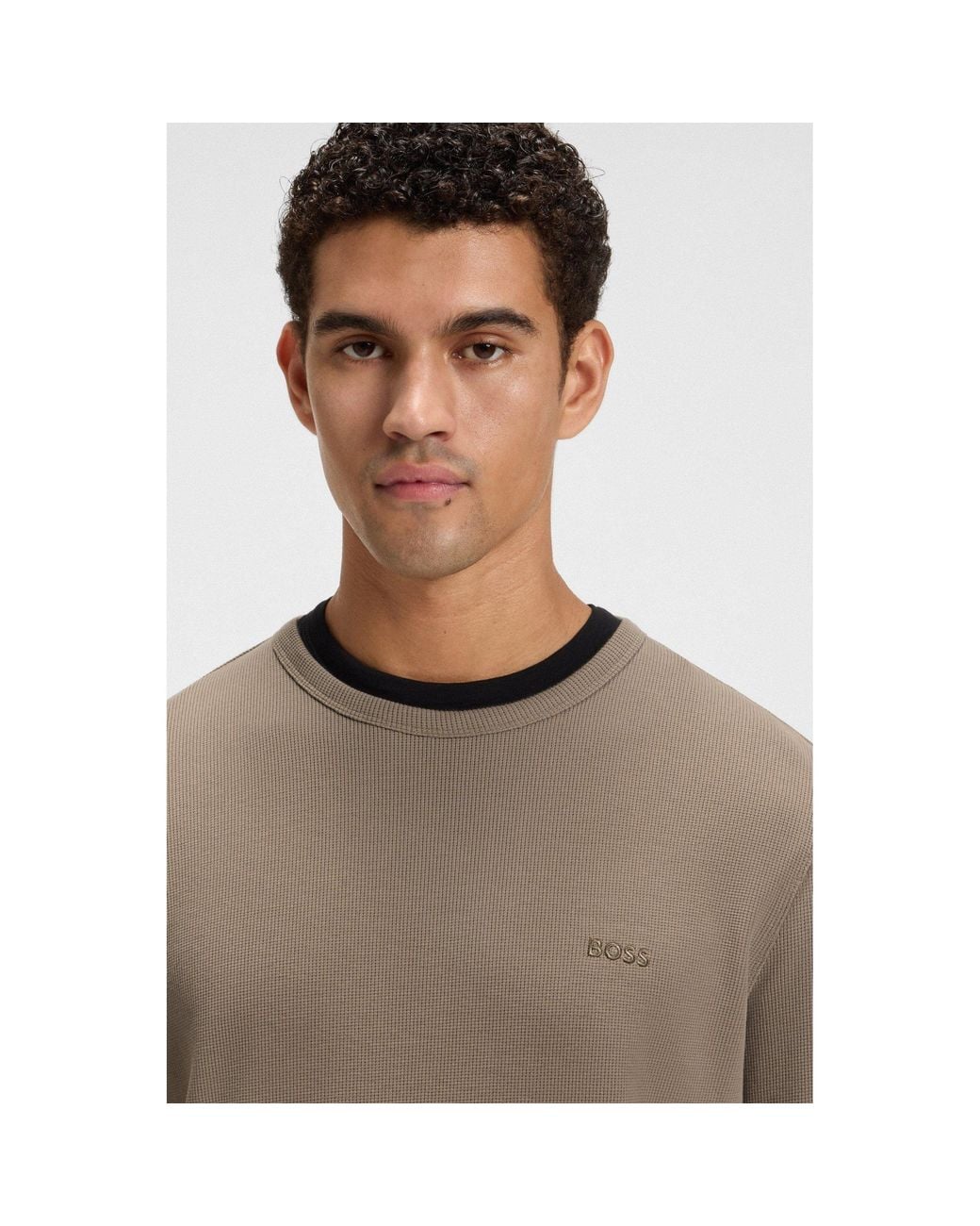 Boss Brown Tempesto Long-Sleeve Cotton Crew-Neck Polo Shirt for men