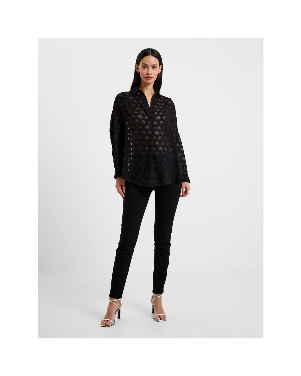 French Connection Black Geo Burn-Out Popover Shirt