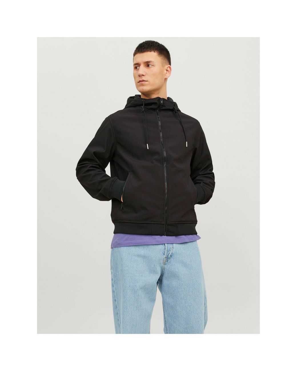 Jack & Jones Black Zipped Hooded Softshell Jacket for men