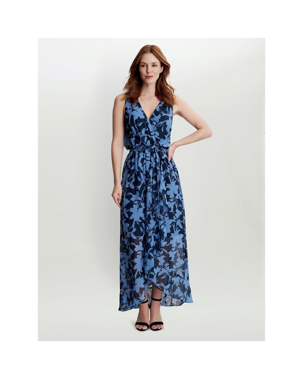 Gina Bacconi Blue Alaura Long Printed Sleeveless Dress
