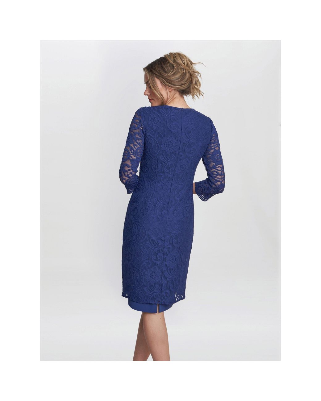 Gina Bacconi Blue Clarabelle Mock Lace Jacket Crepe Dress