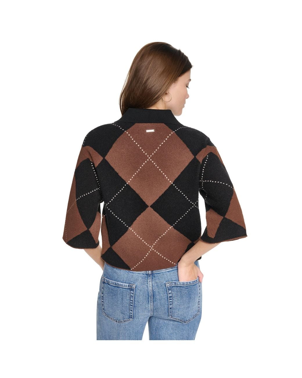 DKNY Black Petite Argyle Button-front Sweater