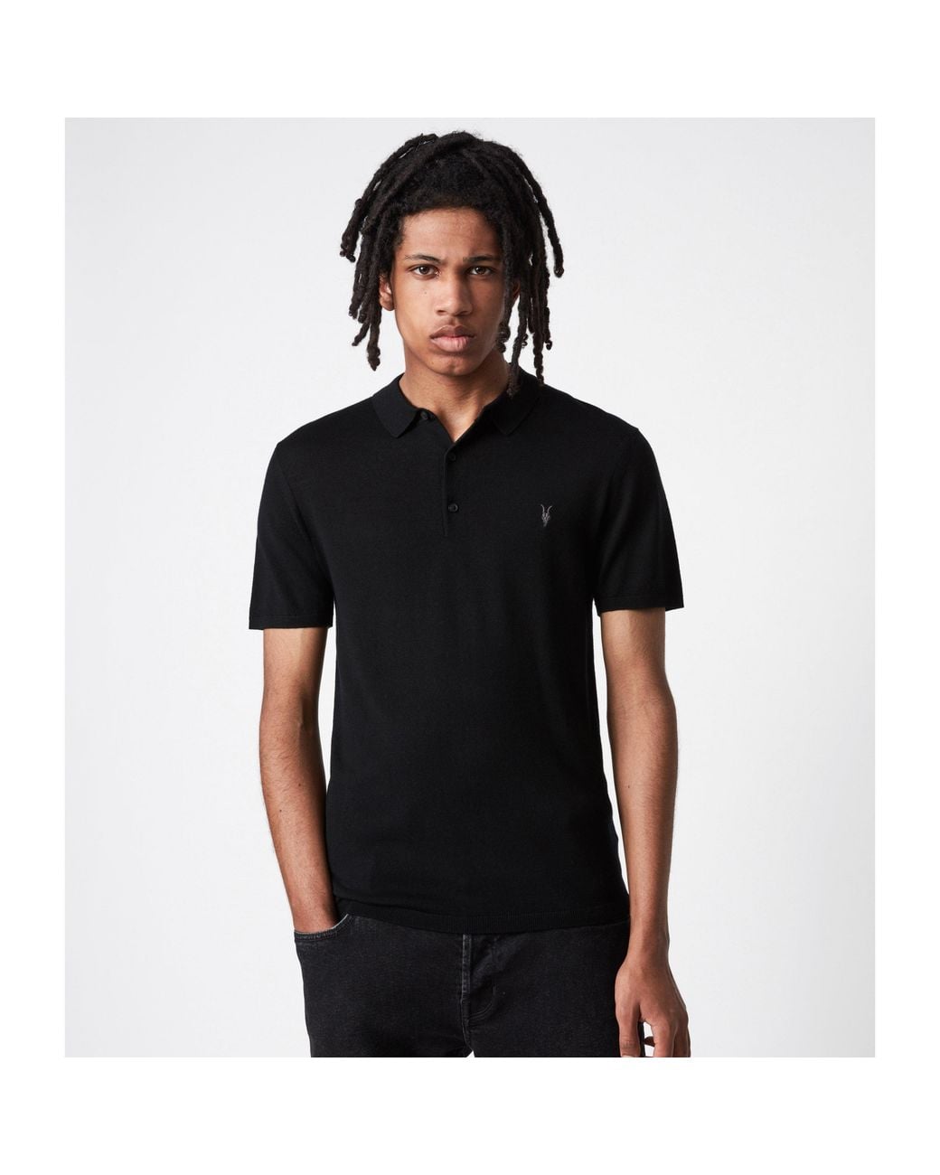 AllSaints Black Mode Merino Short Sleeve Polo for men