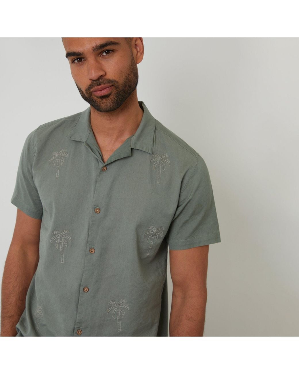 Threadbare Gray Linen Blend Palm Embroidered Short Sleeve Shirt for men