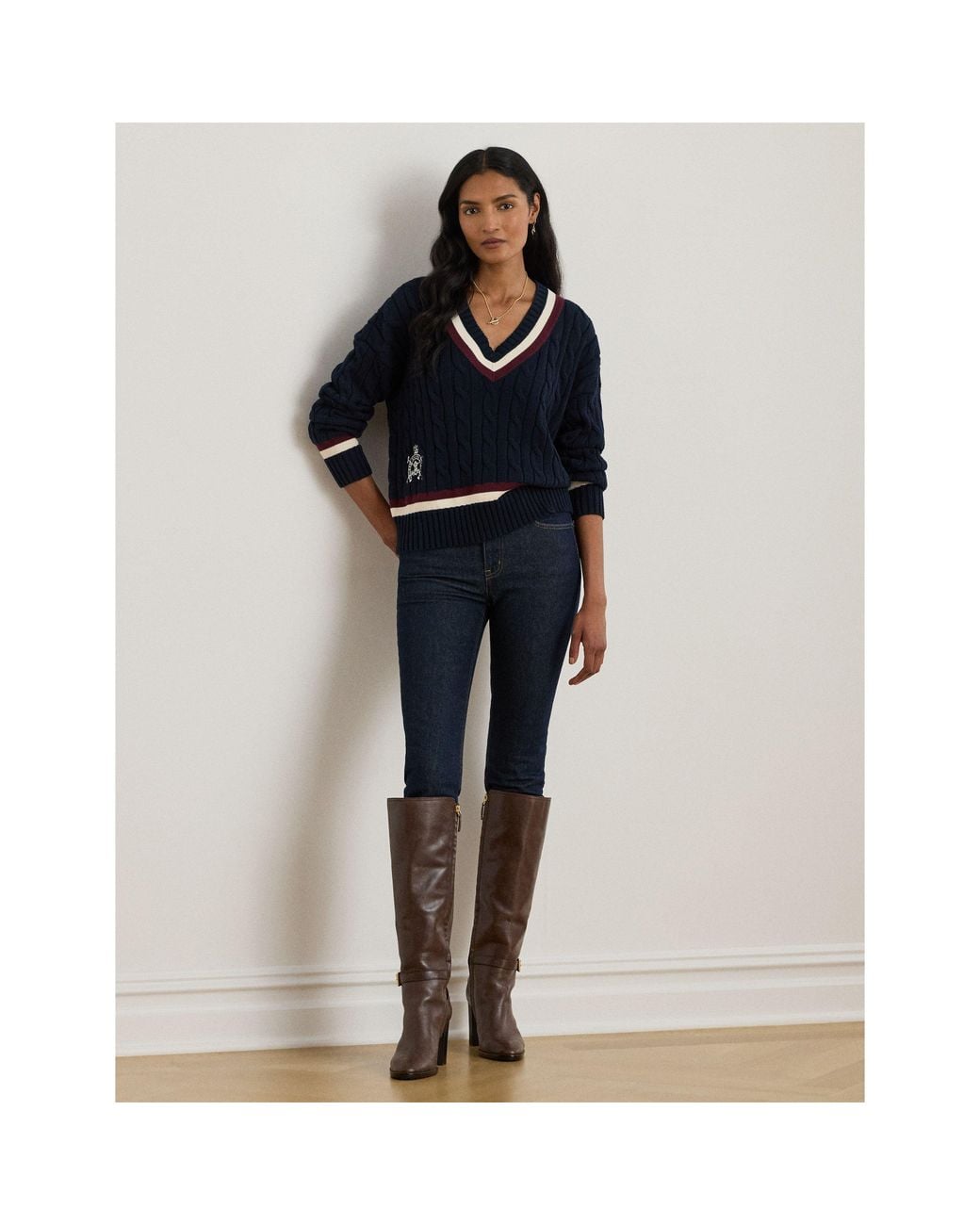 Ralph Lauren Blue Real Leather Knitted Crew Neck Jumper