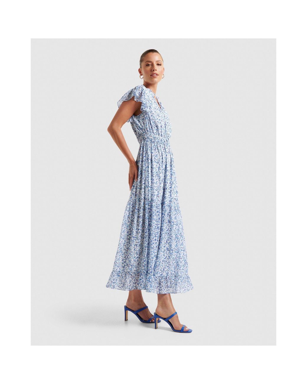 Forever New Blue Fleur Flutter Sleeve Midi Dress