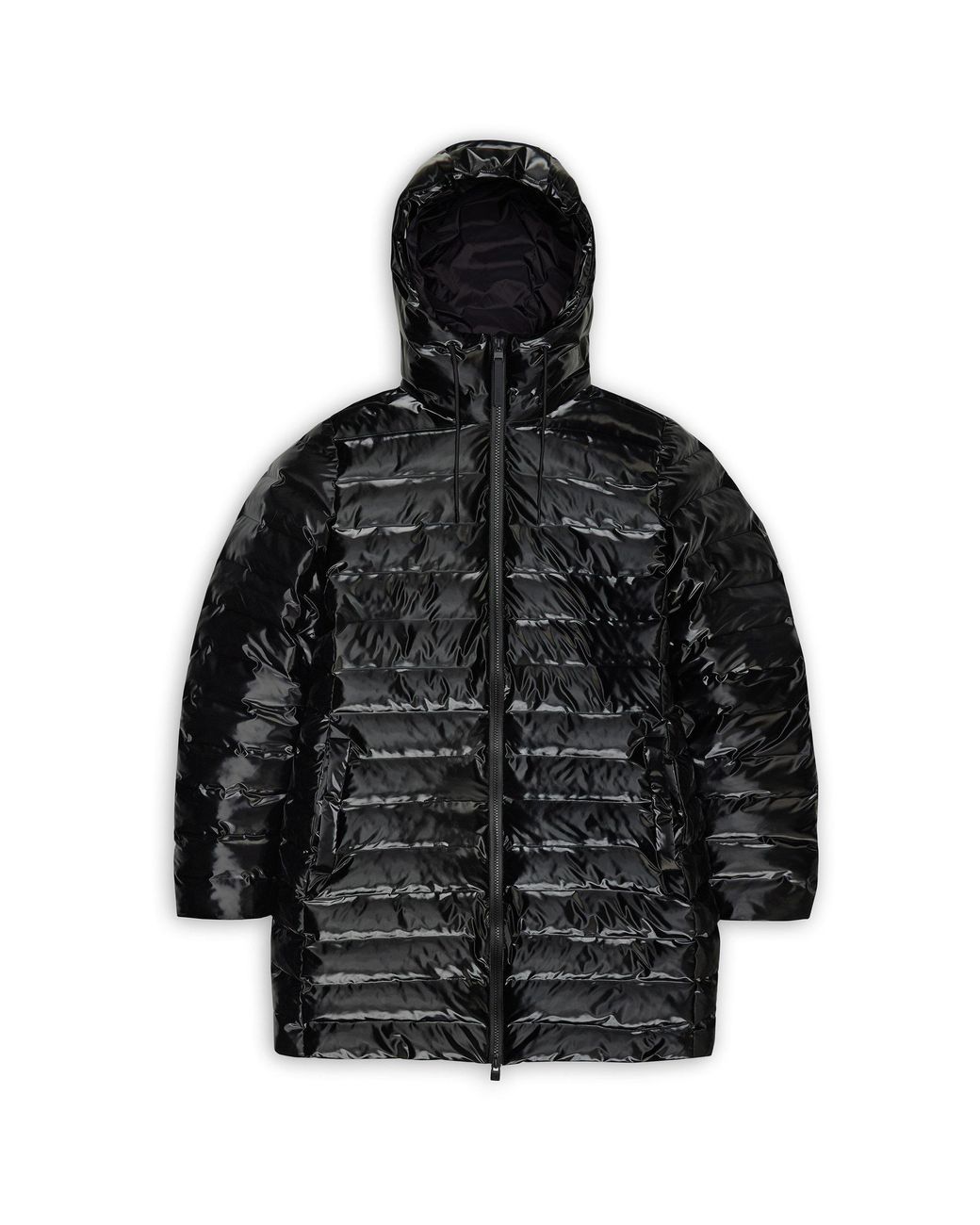 Rains Black Lohja Curve Hooded Funnel Neck Long Sleeve Long Puffer Jacket