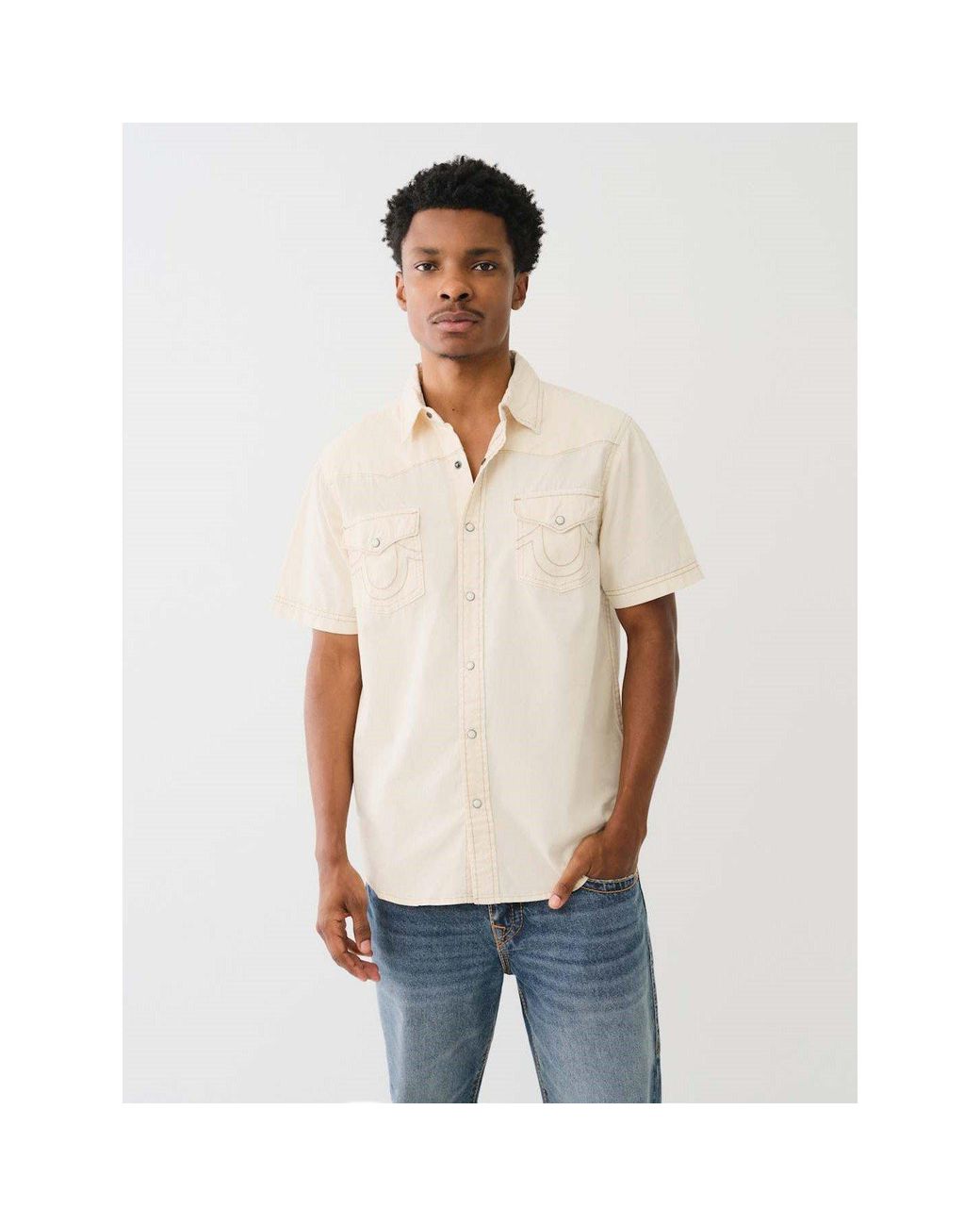 True Religion White Tr Short Sleeve Dyed Western Shirt for men