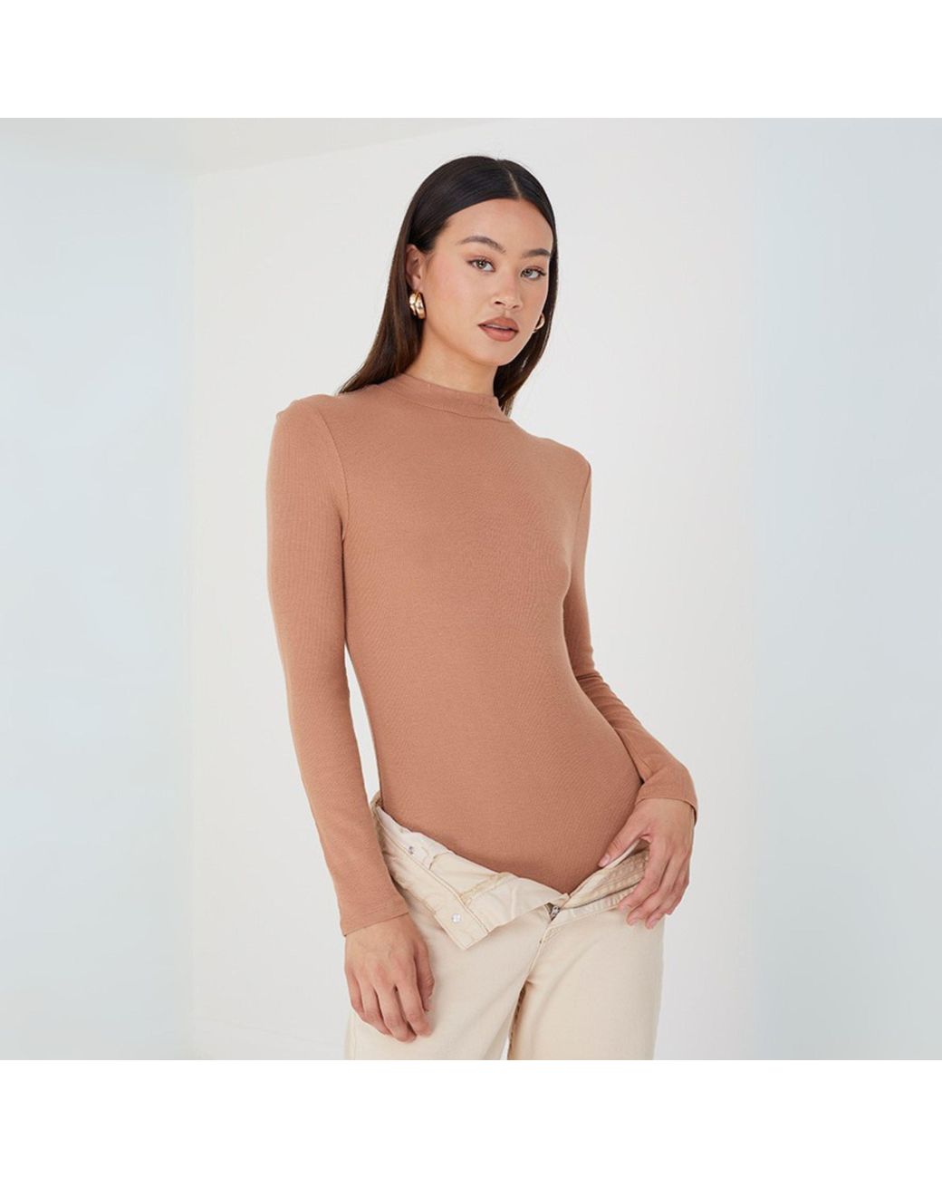 Brave Soul Natural High Neck Bodysuit With Long Sleeves