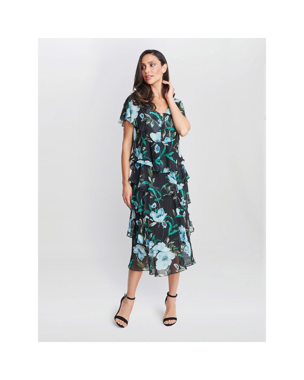 Gina Bacconi Blue Frances Printed Midi Tiered Dress