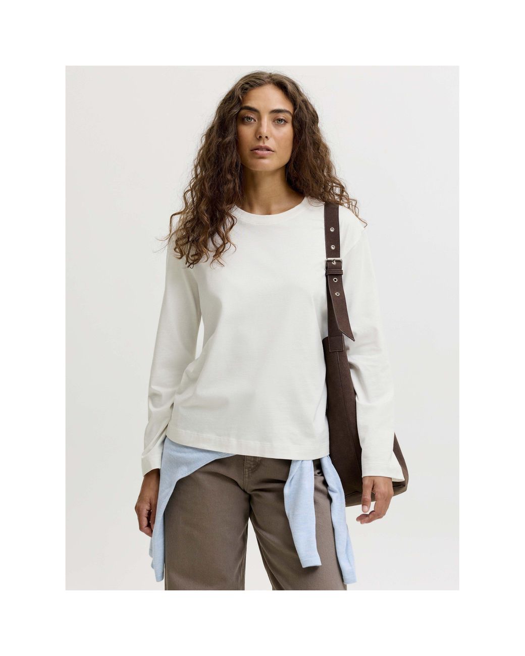 JJXX White Sophia Boxy Cotton Oversized-Fit Long-Sleeve T-Shirt