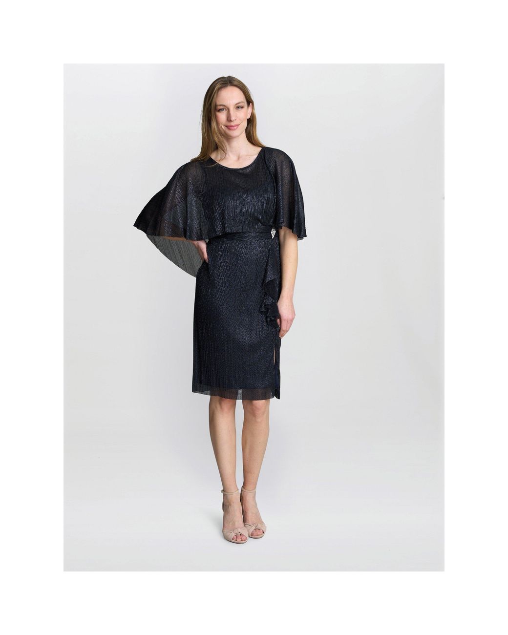 Gina Bacconi Blue Sonya Pleated Dress With Brooch
