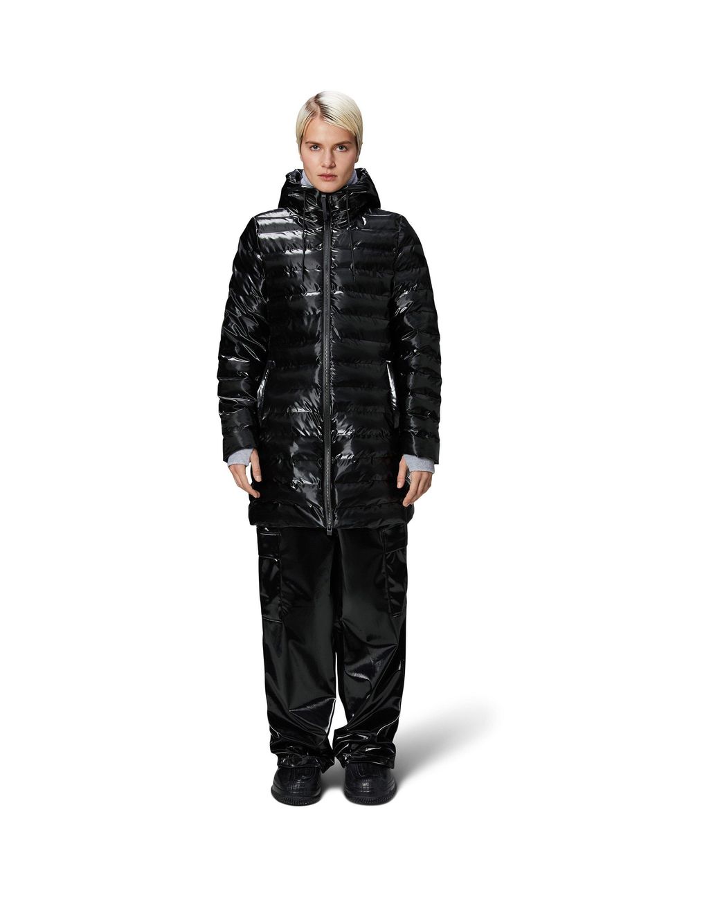 Rains Black Lohja Curve Hooded Funnel Neck Long Sleeve Long Puffer Jacket