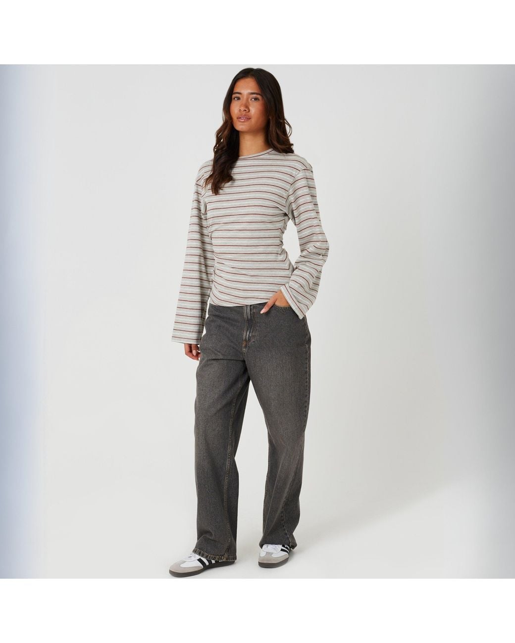 Brave Soul Gray Ladies Striped Long Sleeve Top
