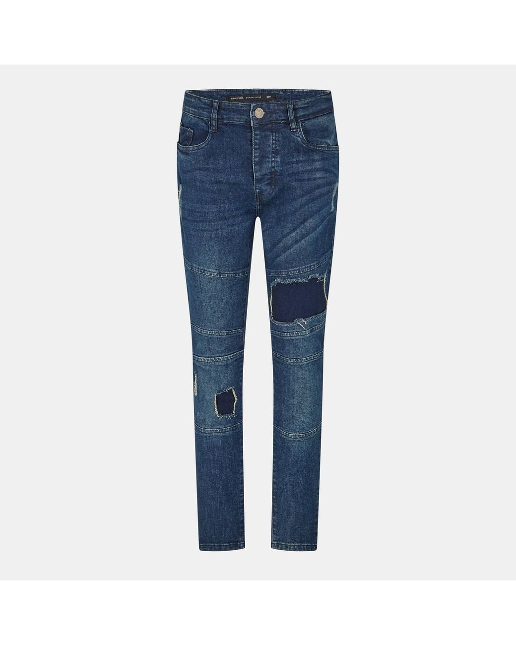 Brave Soul Blue Biker Jeans With Rip & Repair Patch Details for men