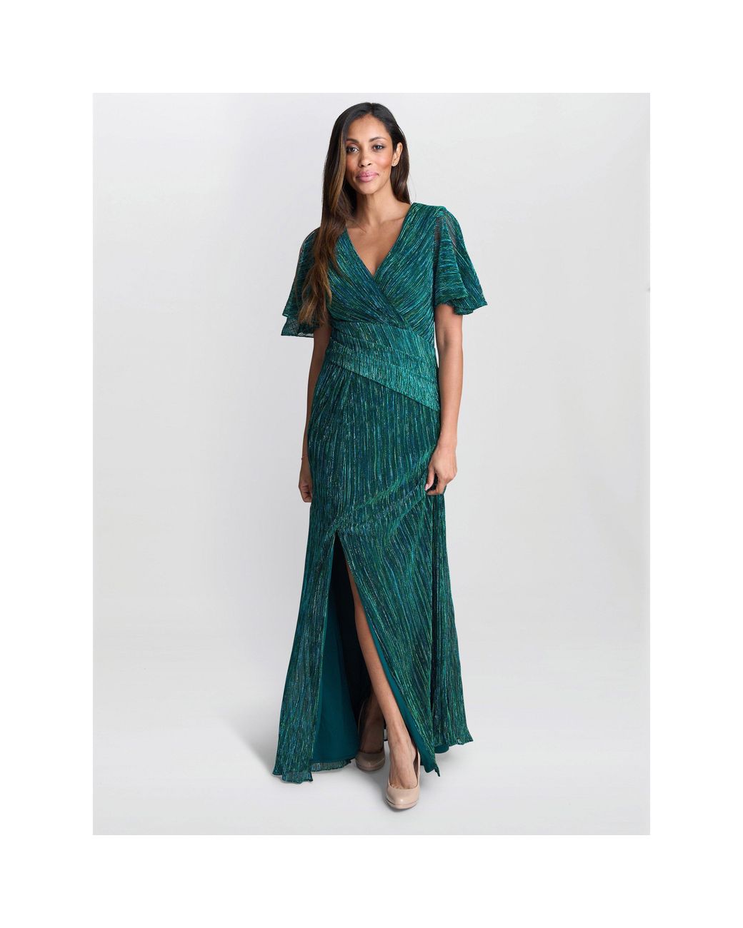 Gina Bacconi Green Liz Metallic Knit Maxi Dress