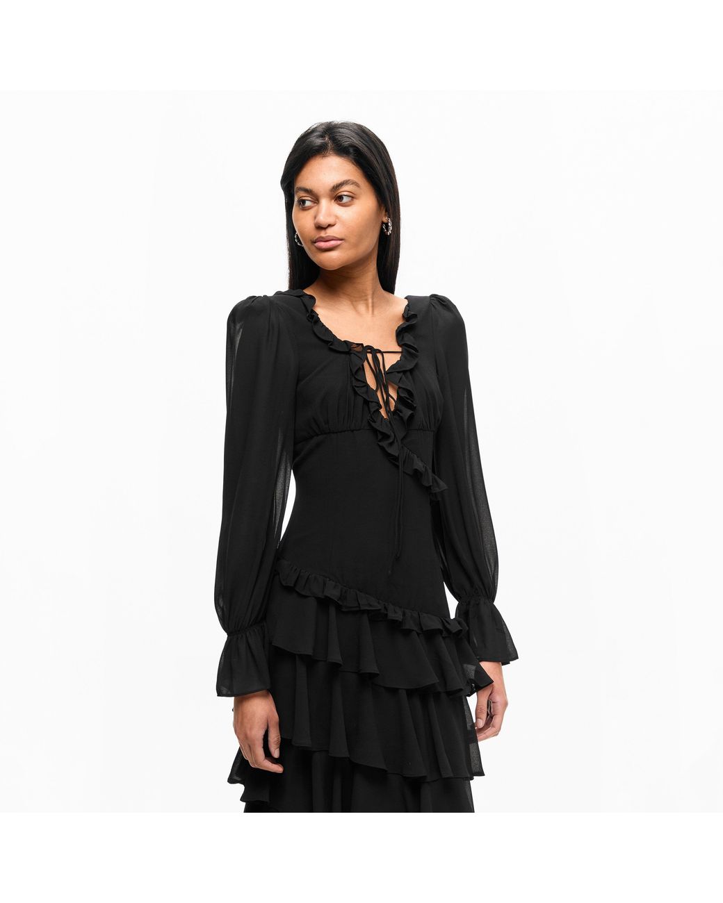 Anne Louise Boutique Black Ruffle Tie Neck Long-Sleeve Maxi Dress