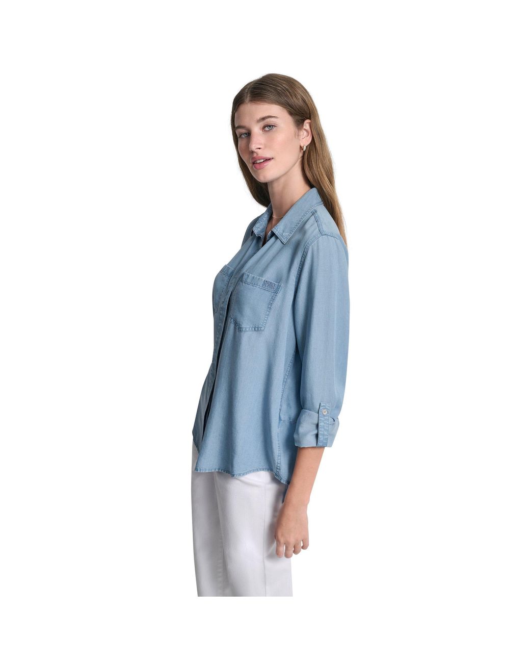 DKNY Blue Jeans Split Back Button Front Tencel Shirt W/ Roll Tab Sleeve