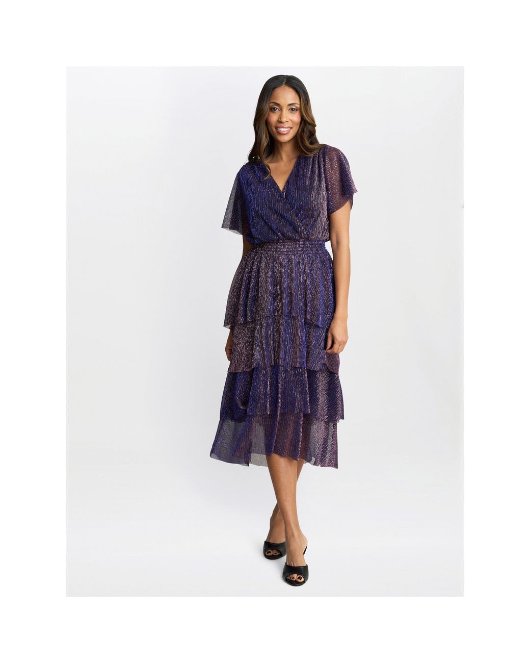 Gina Bacconi Blue Cheri Metallic Knit Tiered Dress