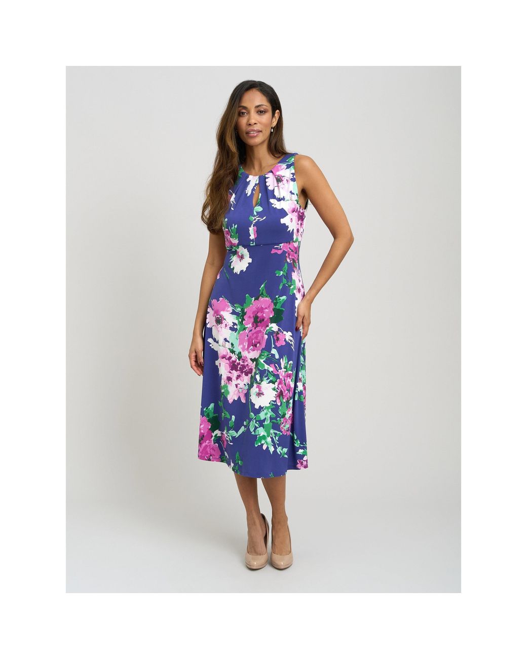 Gina Bacconi Blue Mary Ann Sleeveless Keyhole Print Midi Dress