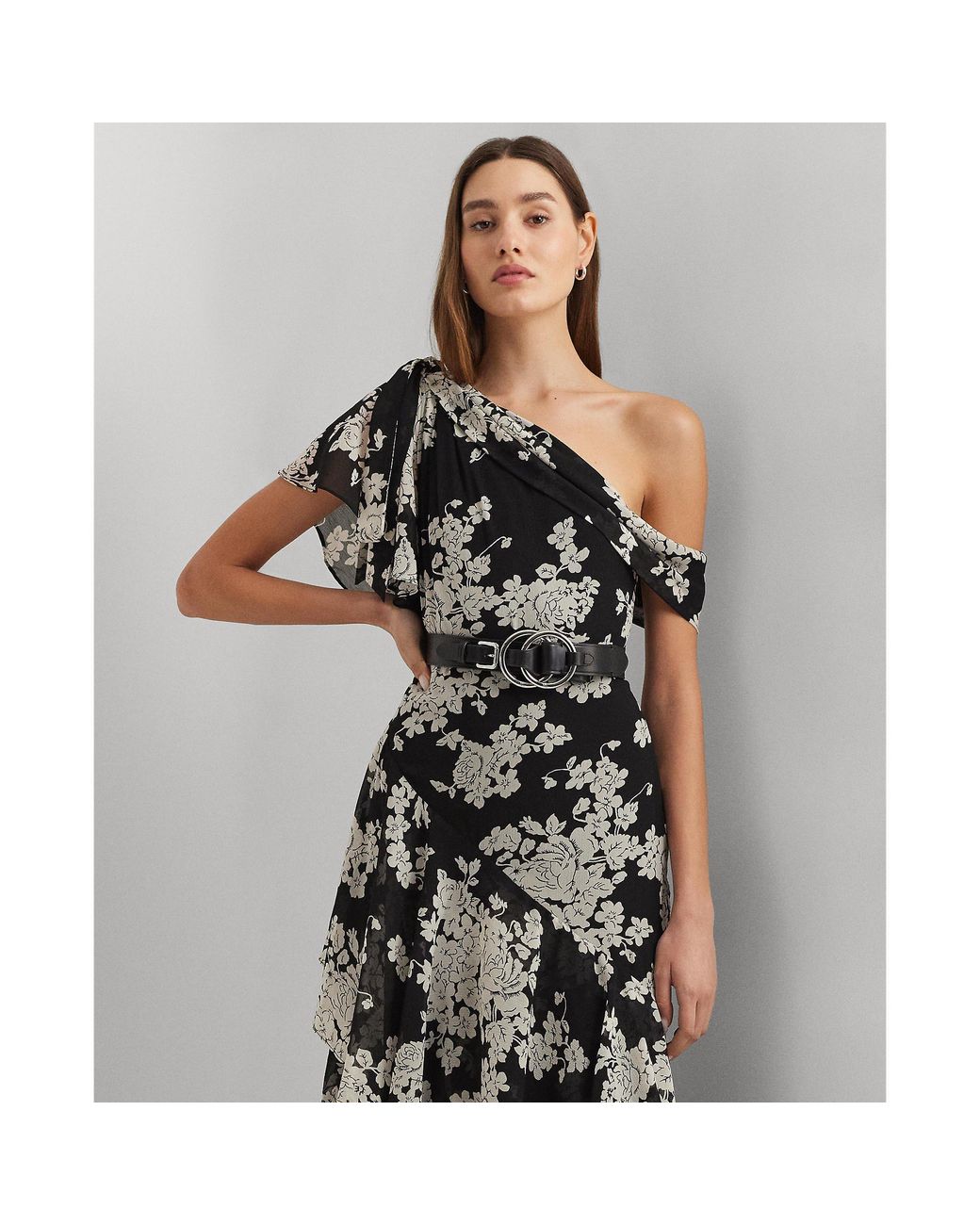 Ralph Lauren Black Floral Georgette One-Shoulder Gown
