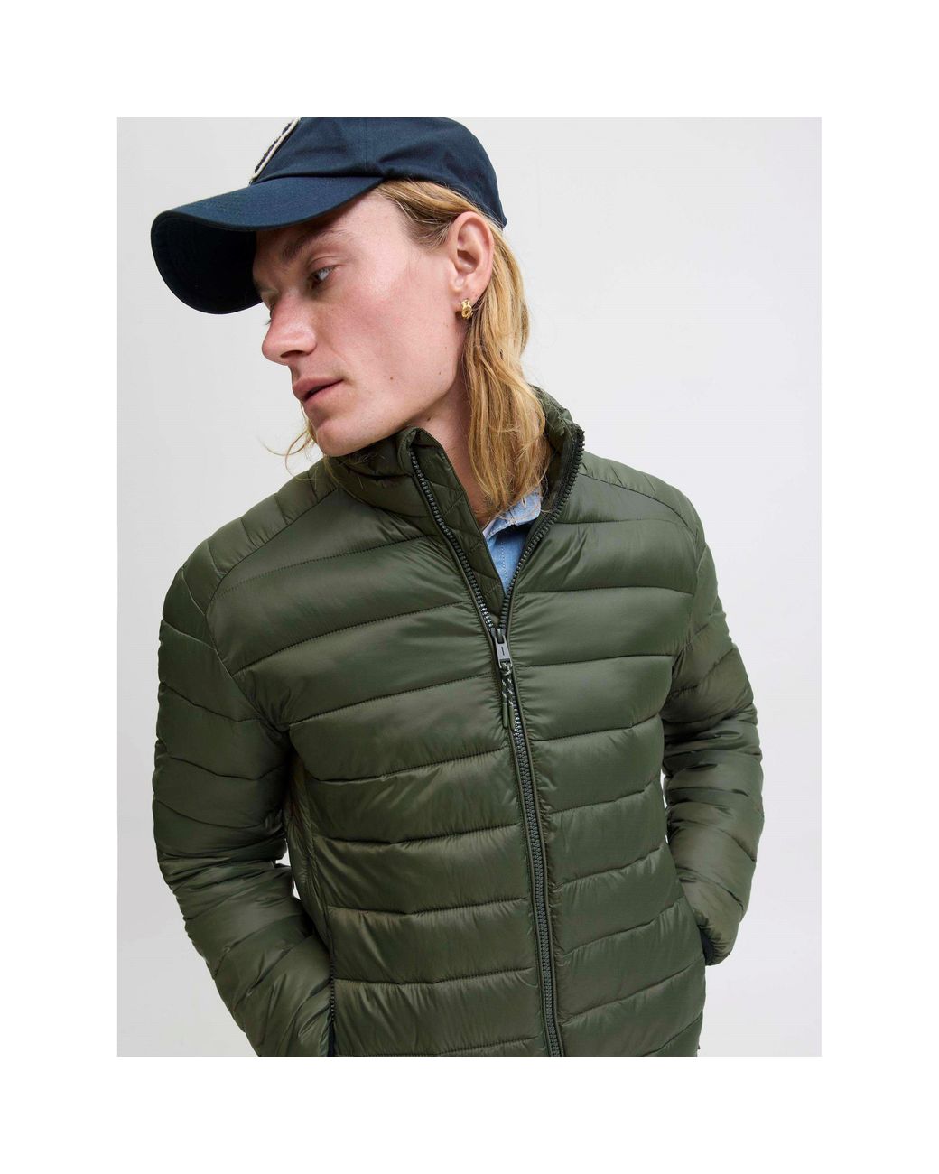 Jack & Jones Green Bradley Stand Collar Puffer for men