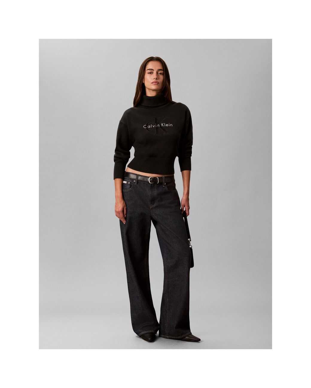 Calvin Klein Black Logo Fine Knit Cropped Turtle-Neck Jumper