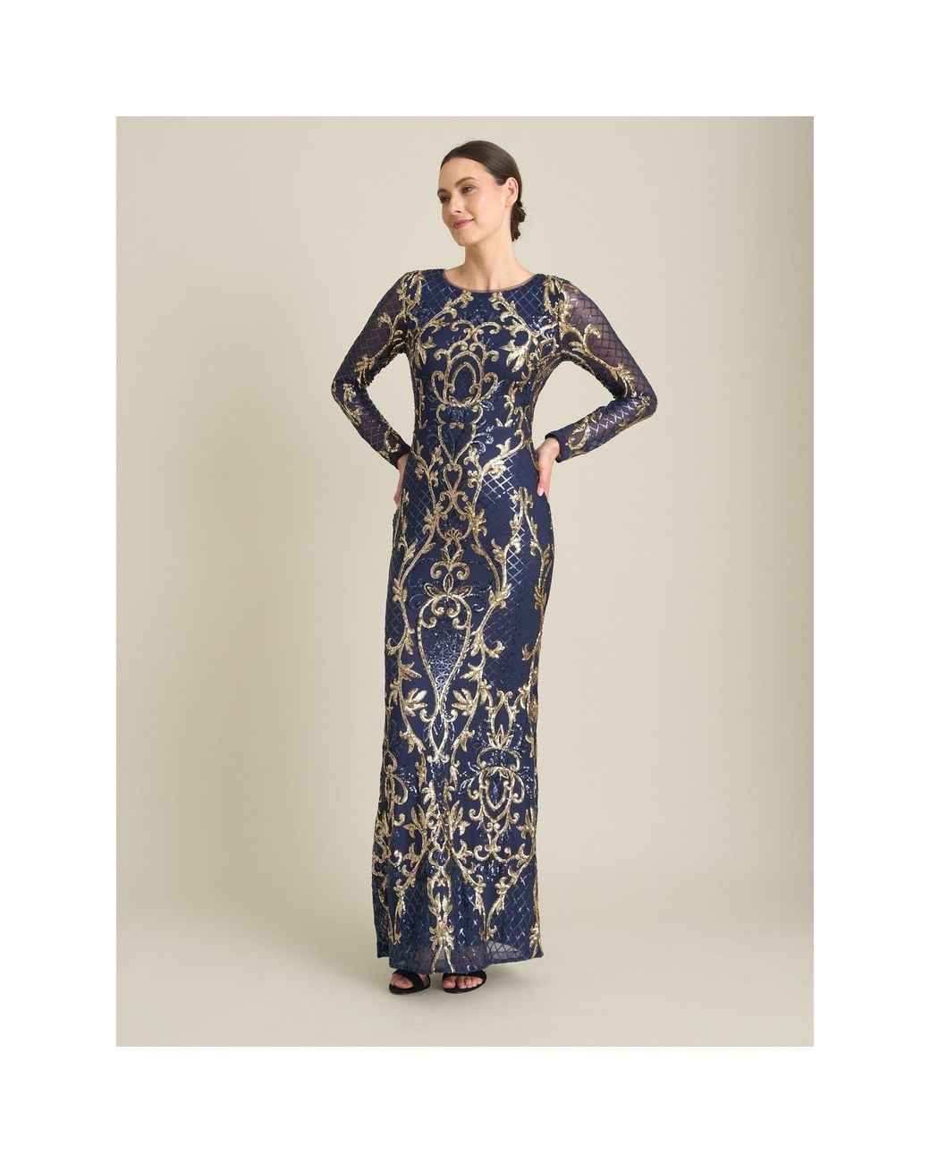 Gina Bacconi Blue Electra Long Sleeve Beaded Maxi Dress