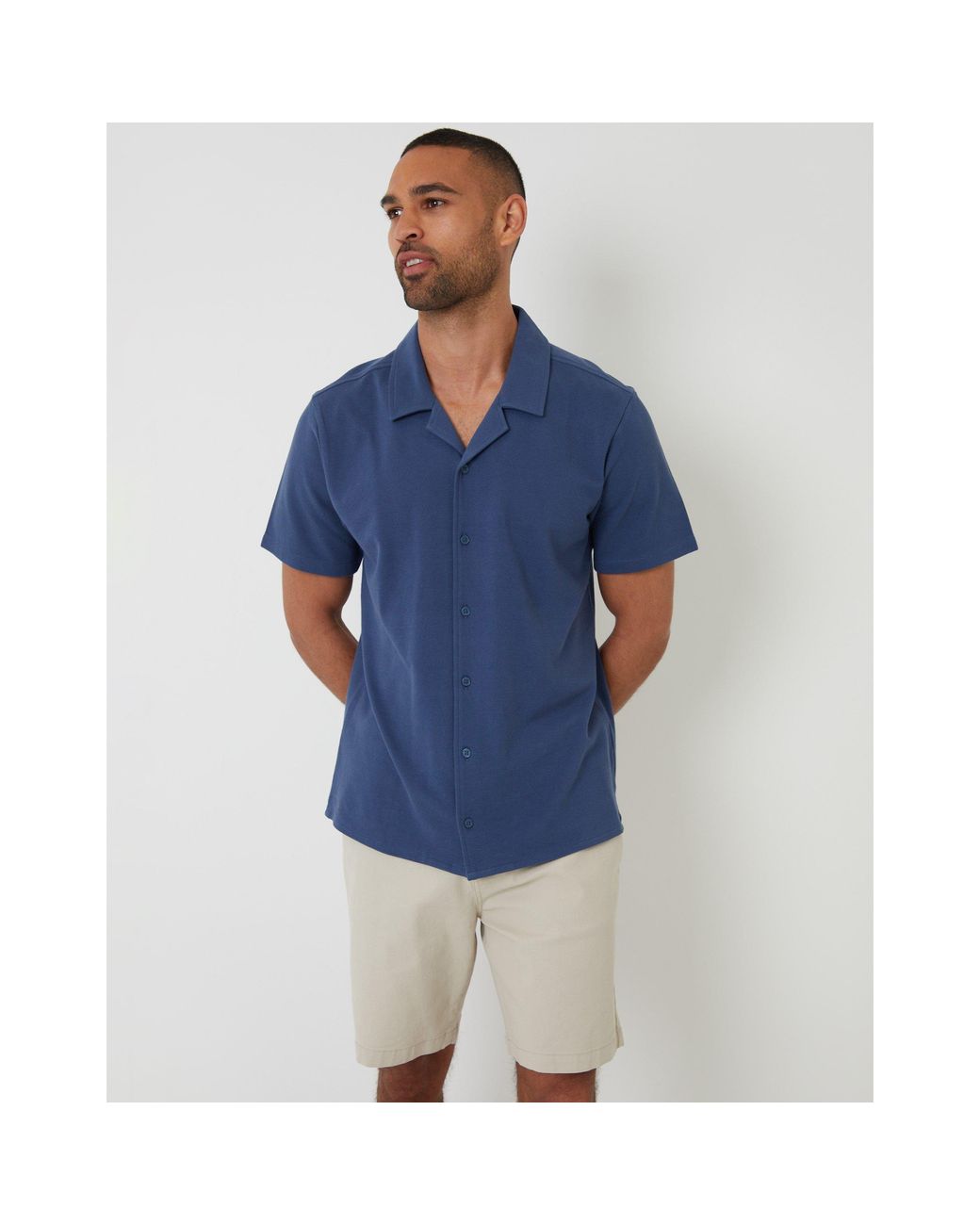 Threadbare Blue Kaylian Short-Sleeve Plain Shirt for men