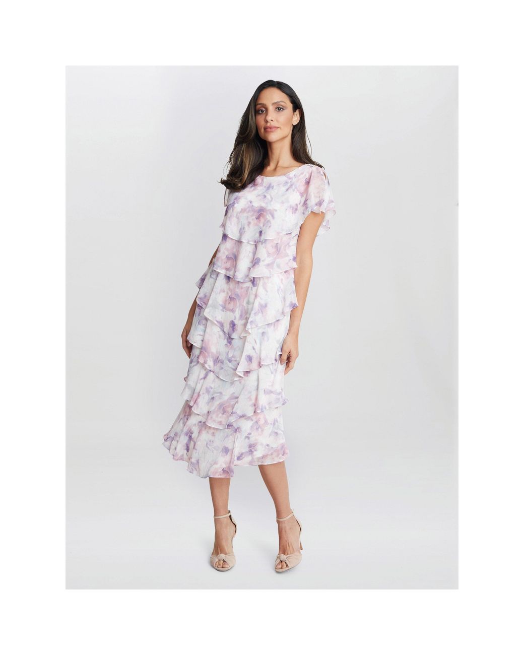 Gina Bacconi White Phoebe Midi Printed Tiered Dress