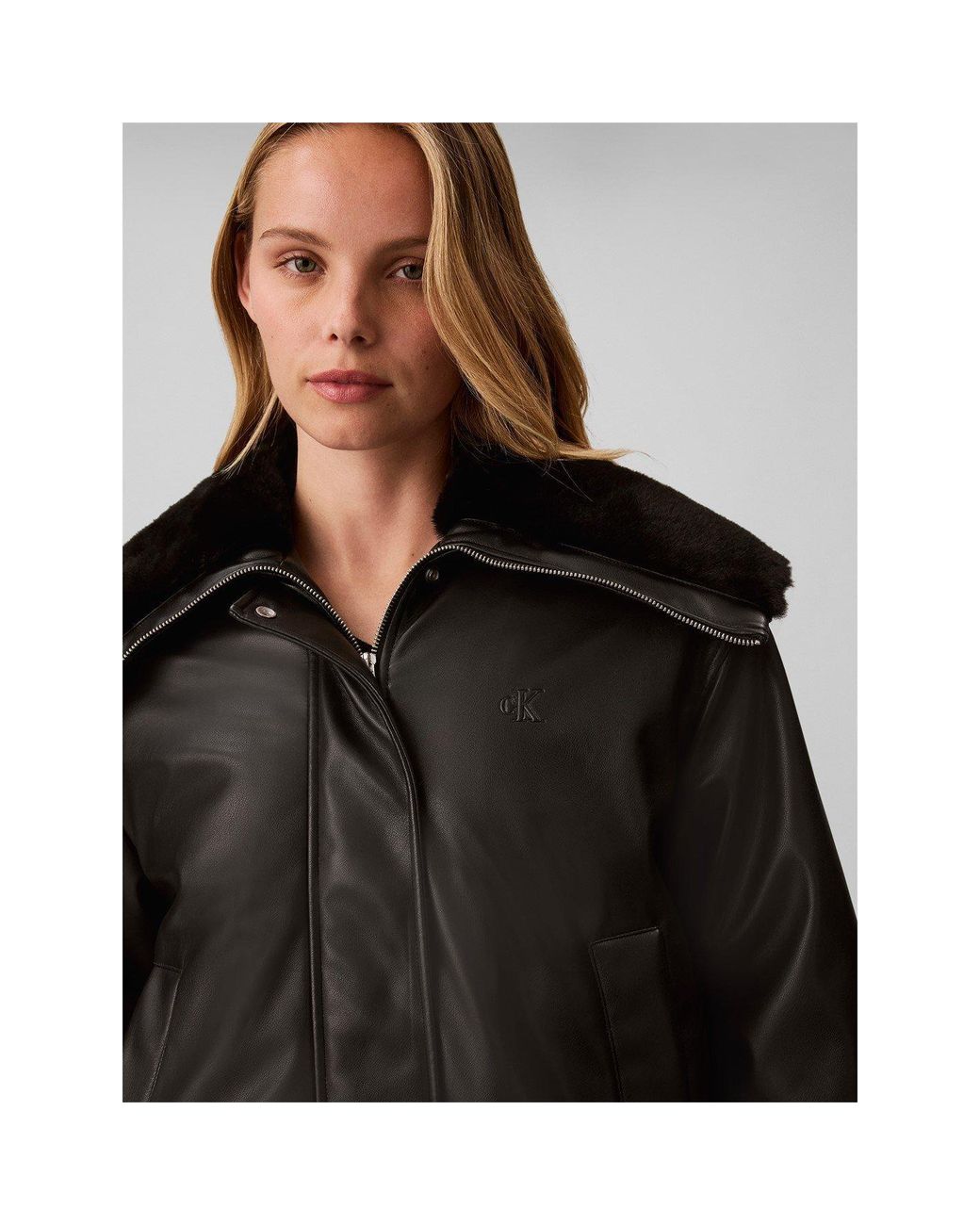 Calvin Klein Black Cropped Faux Leather Bomber Jacket