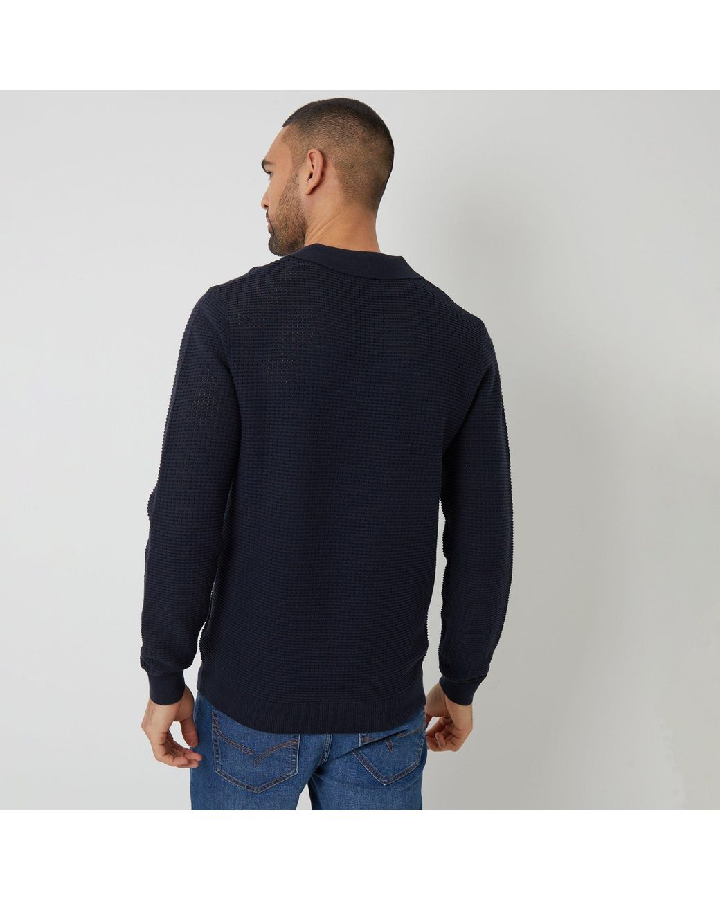 Threadbare Blue Textured Knitted Trophy Neck Long Sleeve Polo for men