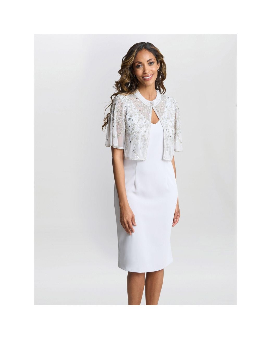 Gina Bacconi White Monica Beaded Jacket With Frill Neck
