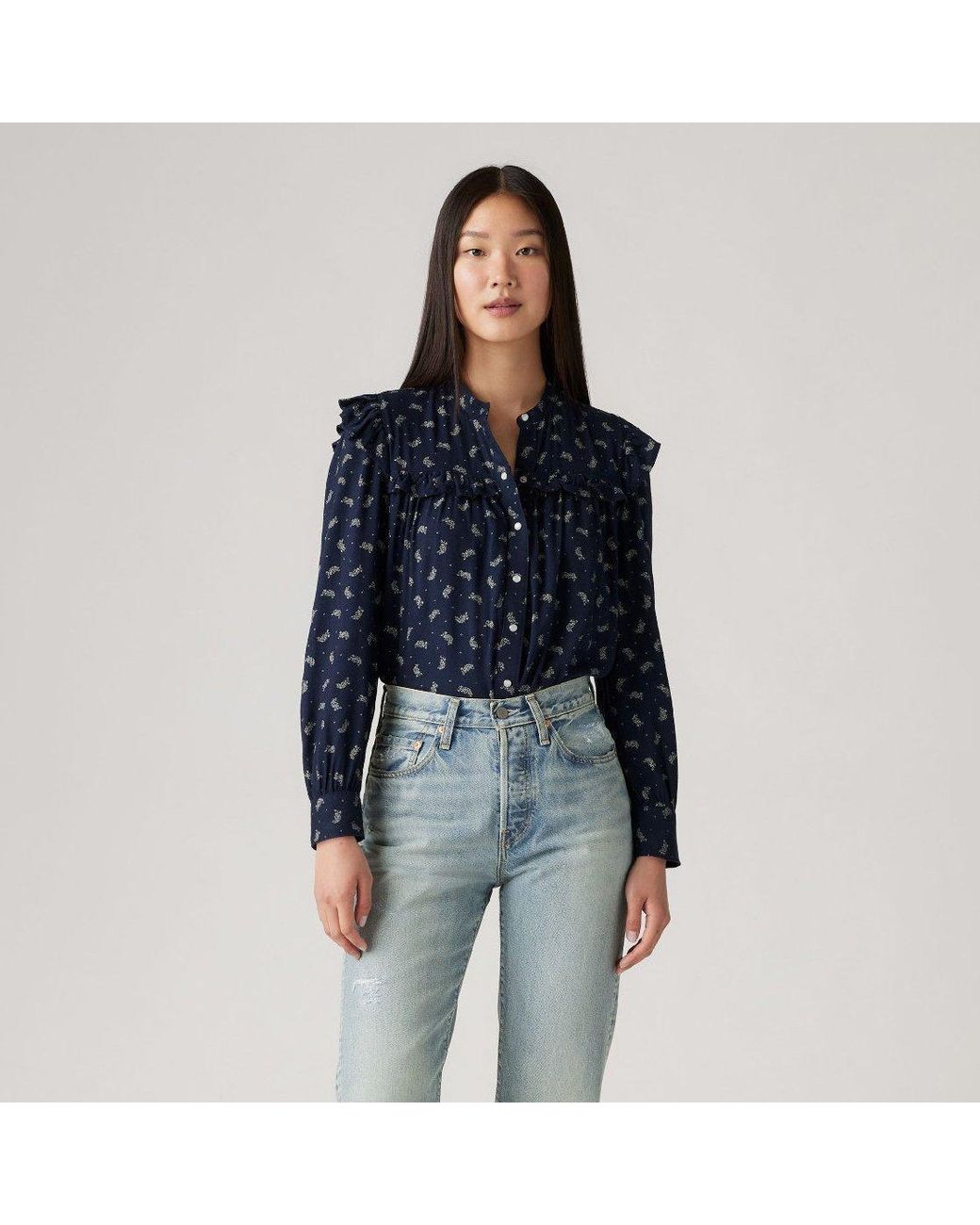 Levi's Blue Levi's Gianna Mock Neck Ruffle Sleeve Peasant Blouse
