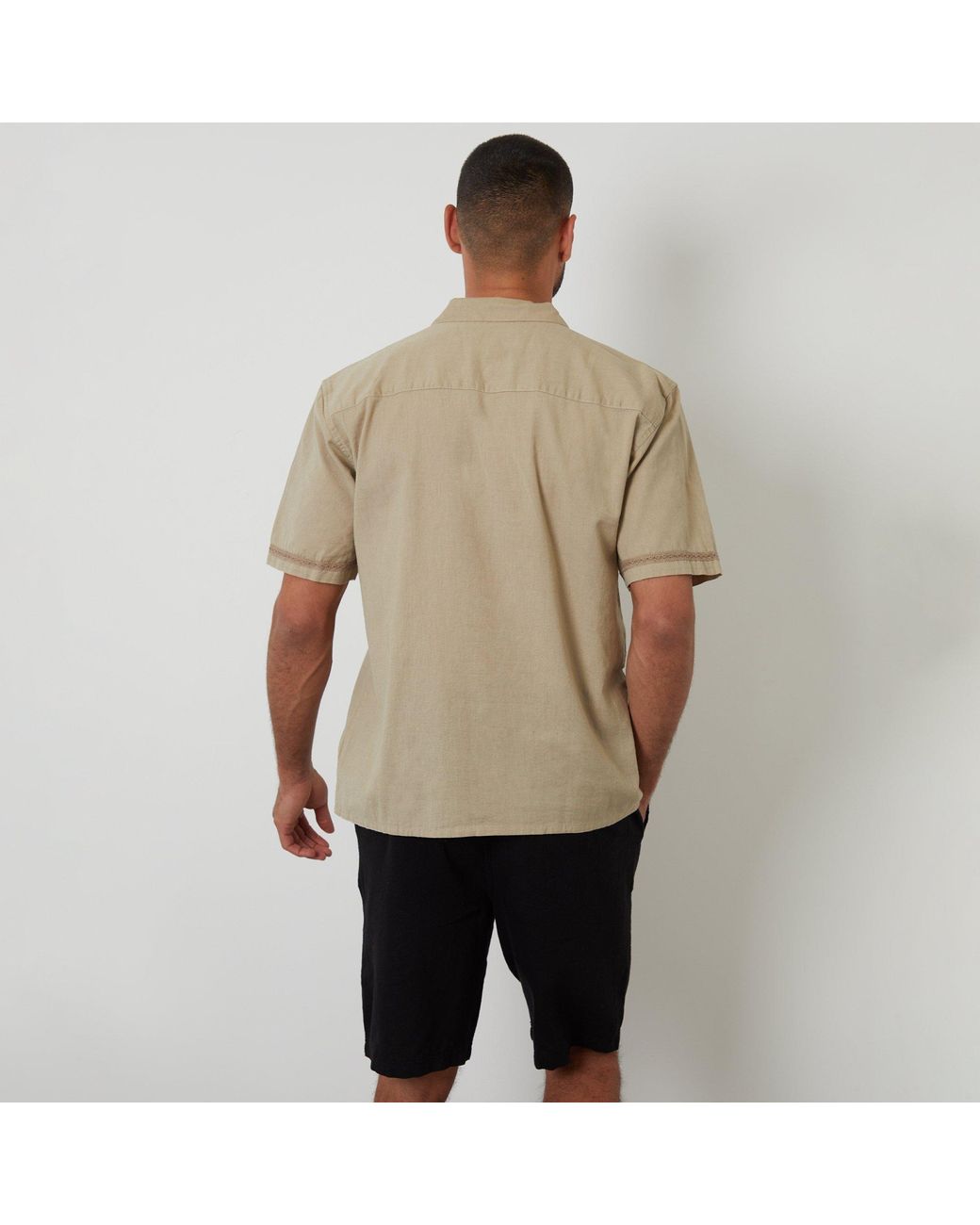 Threadbare Natural Linen Blend Lace Trim Relaxed Fit Shirt for men