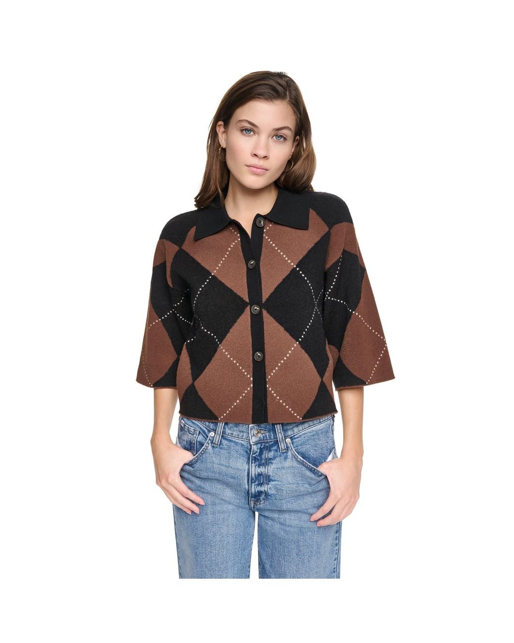DKNY Black Petite Argyle Button-front Sweater