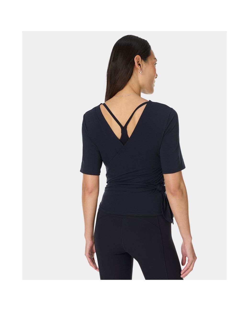 Sweaty Betty Blue Soft Flow Wrap Short Sleeve Performance Gym Top