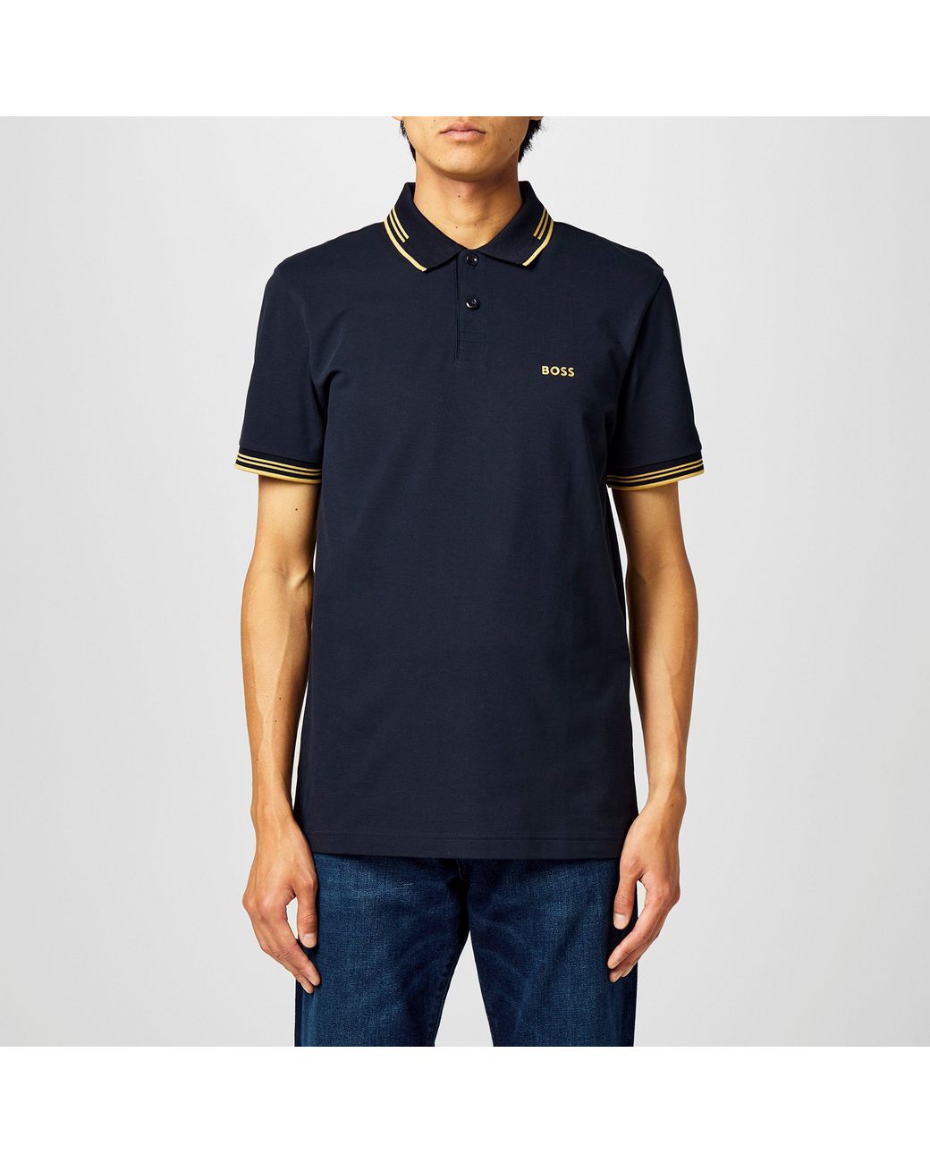 Boss Blue Paul Contrast Striped Trim Short Sleeve Polo Shirt for men
