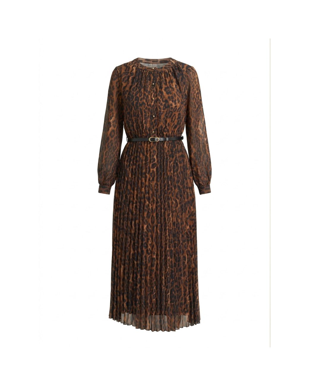 Gina Bacconi Natural Yasmina Chiffon Belted Jewel Neck Animal Dress