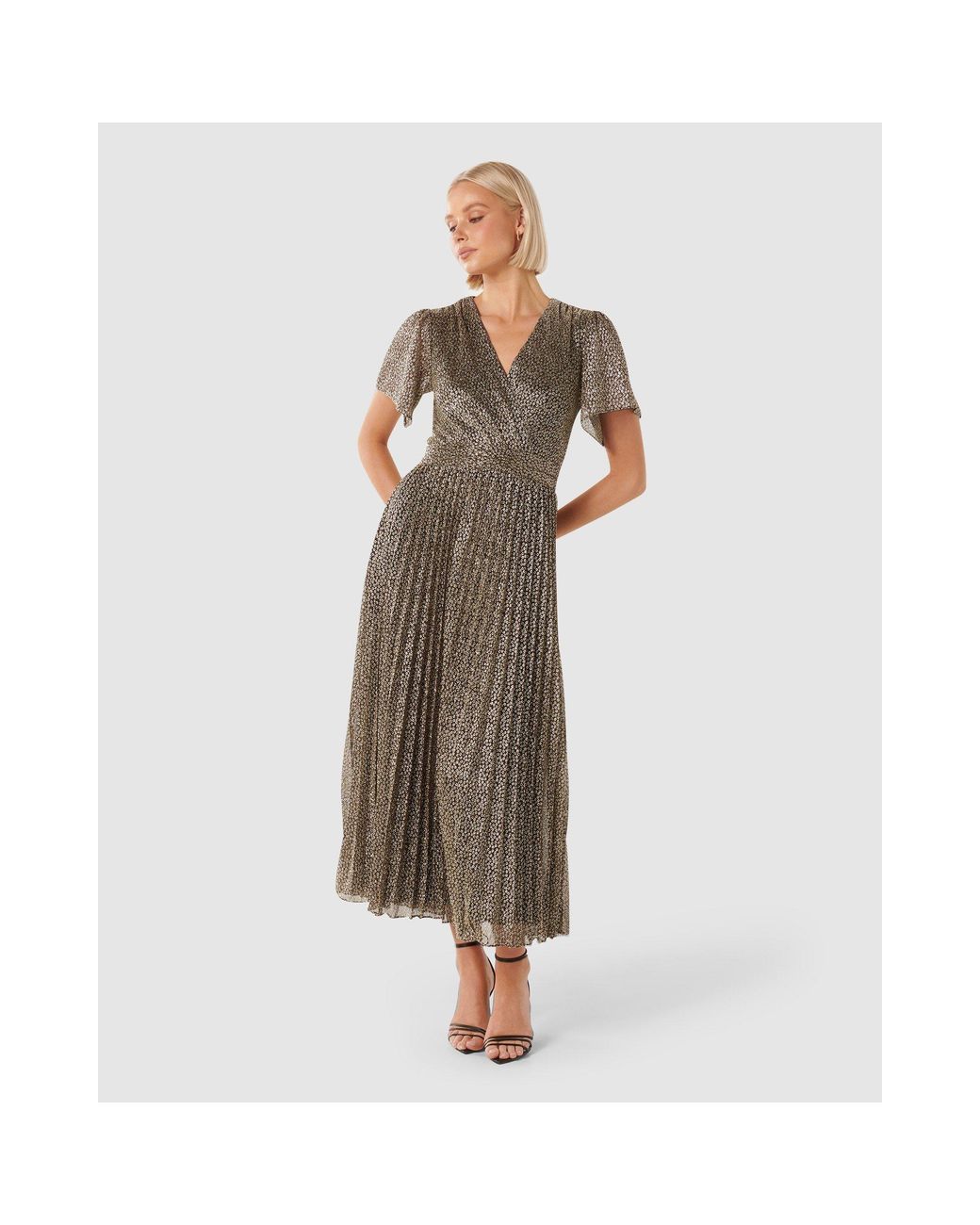 Forever New Brown Devyn Flutter Sleeve Plisse Midi Dress