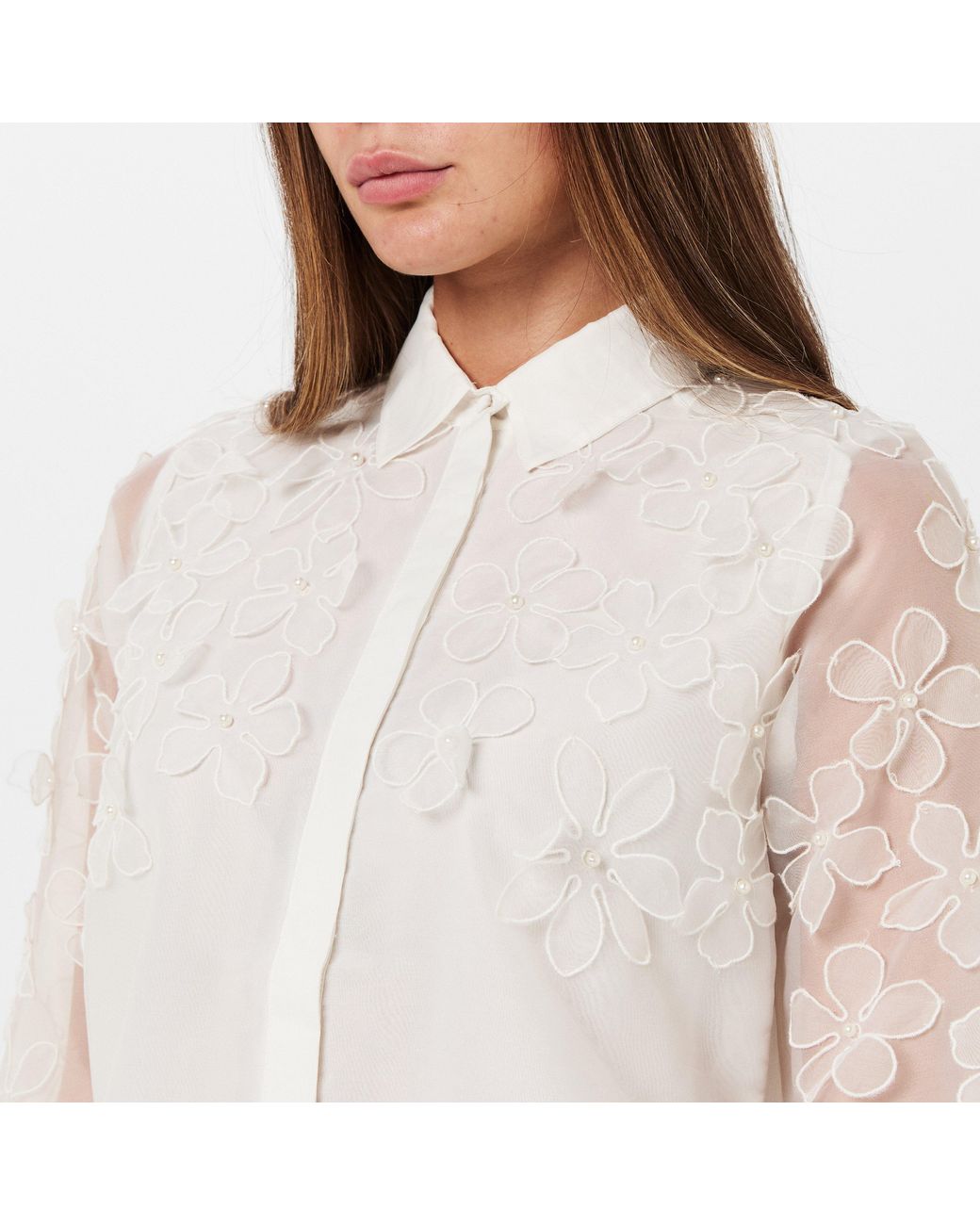 French Connection White Camden Floral Embellished Long Sleeve Blouse