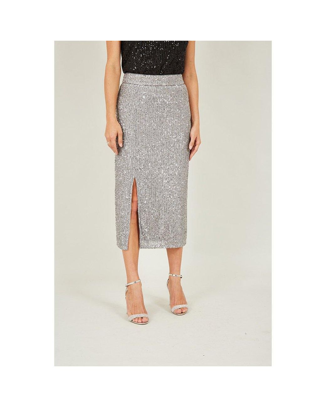 Yumi' Gray Sequin Fitted Midi Skirt