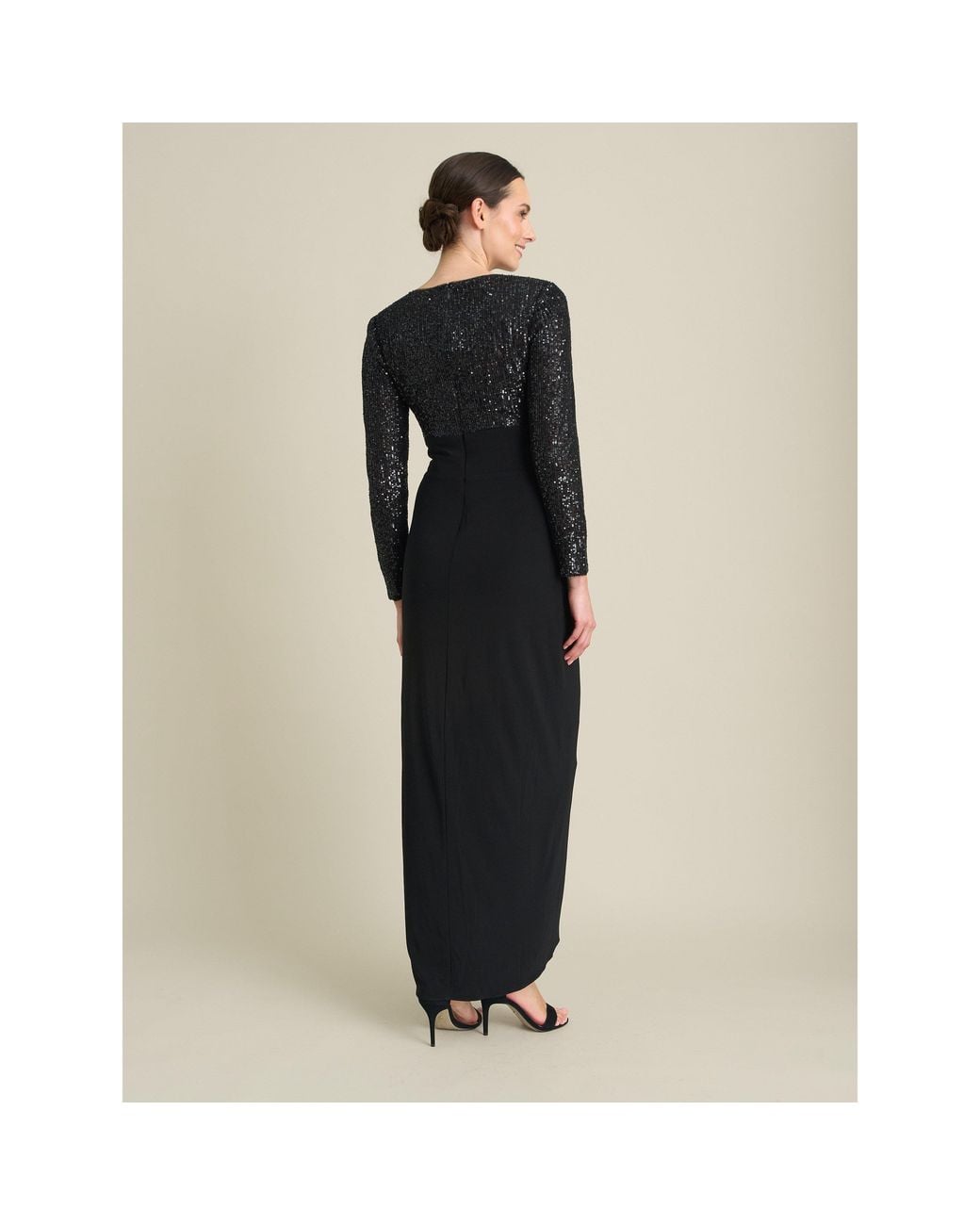 Gina Bacconi Black Steffi Sequin Ruched Draped Maxi Dress