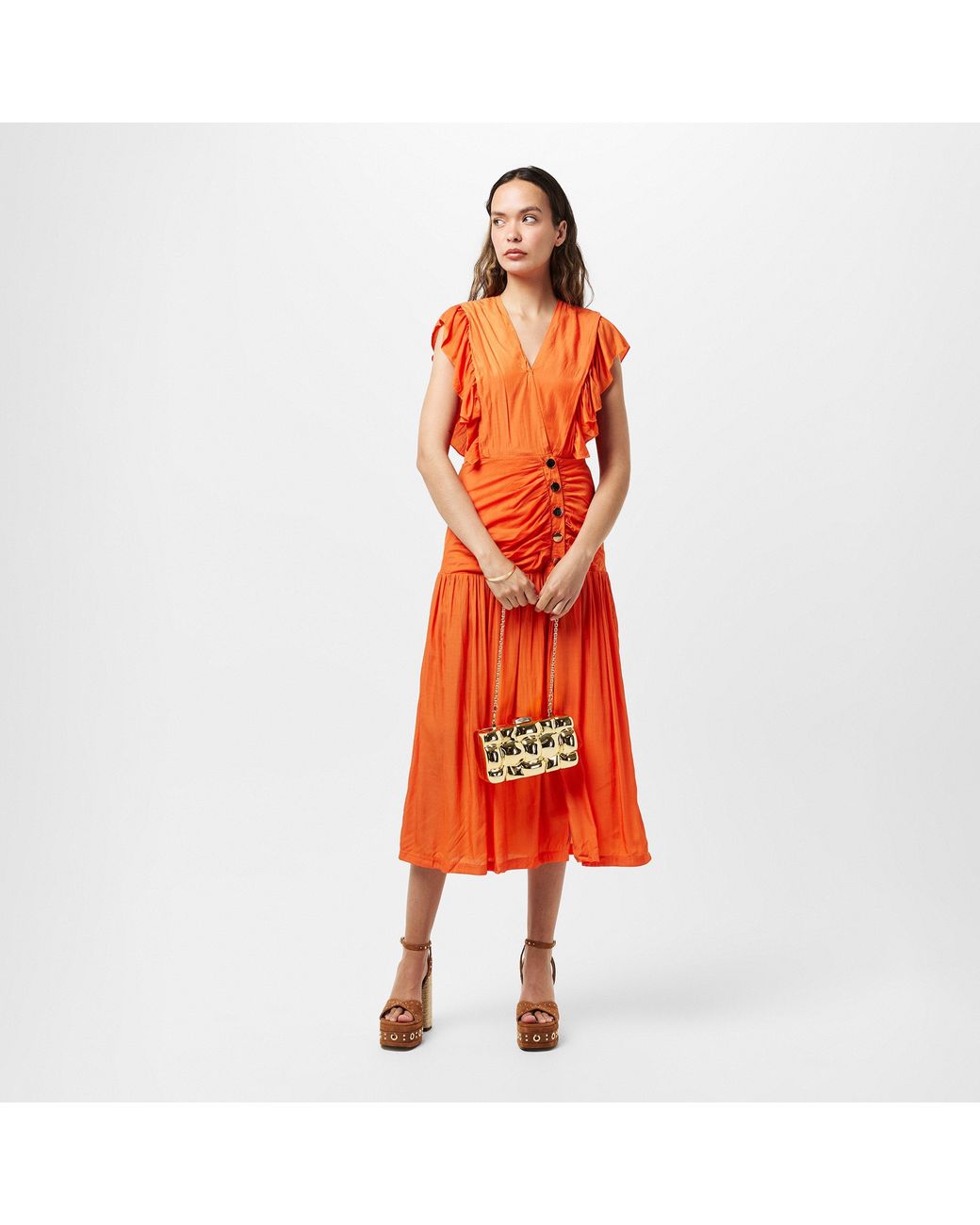 AX Paris Orange Frill Shoulder Button Front Midi Dress